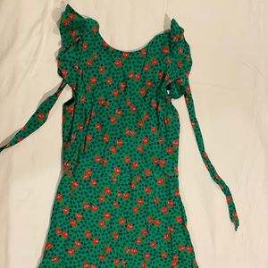 Zara green romper with blue heard and red flowers